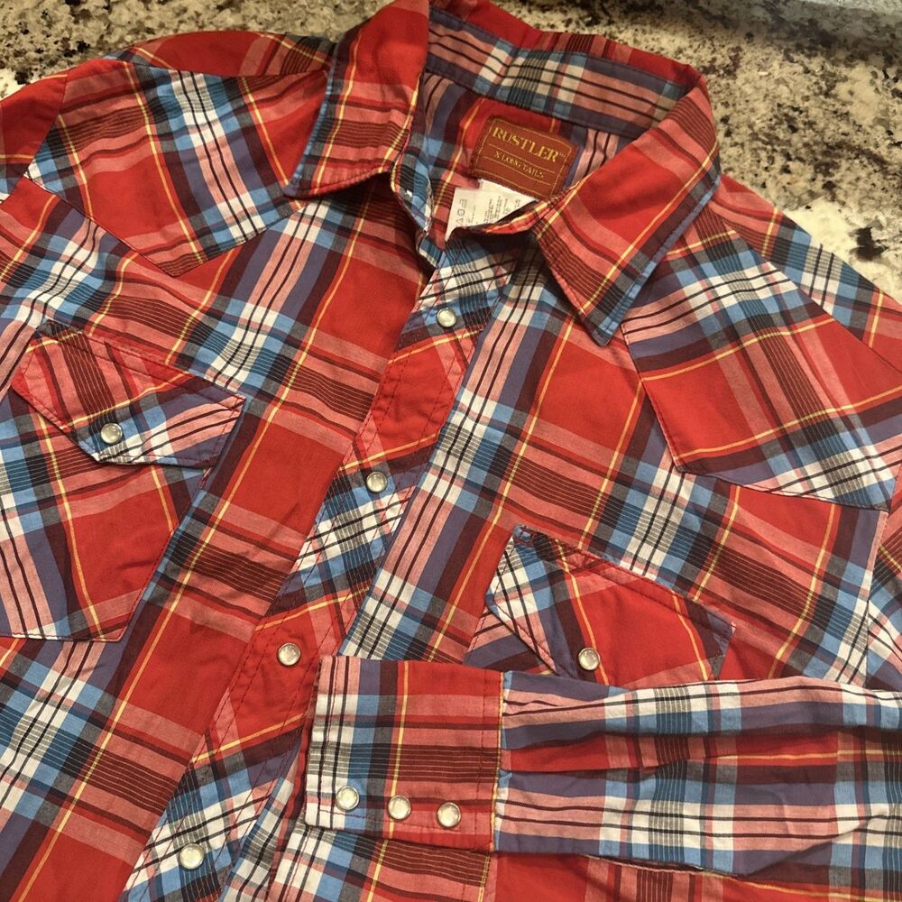 Rustler Shirt Mens Extra Large Red Plaid Cowboy Western Pearl Snap X-Long Tails